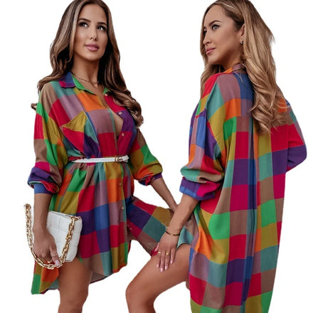 New Autumn Winter Turn Down Collar Dresses Lady Elegant Long Plaid Print Loose Long Sleeve Blouse Women's Casual Dresses