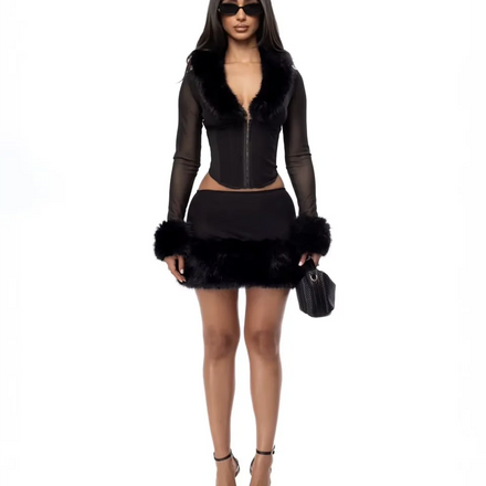 KY Wholesale Curved Hem Long Sleeve Body Shapers for Women Tummy Black Sexy Mini Mesh Skirt 2 Pieces With Fur