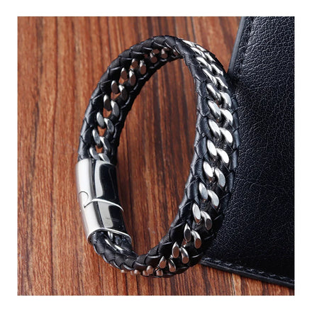 Fashion Luxury Braided Twisted Rope Genuine Leather Bangle Stainless Steel Magnetic Clasp Leather Bracelet for Men Jewelry