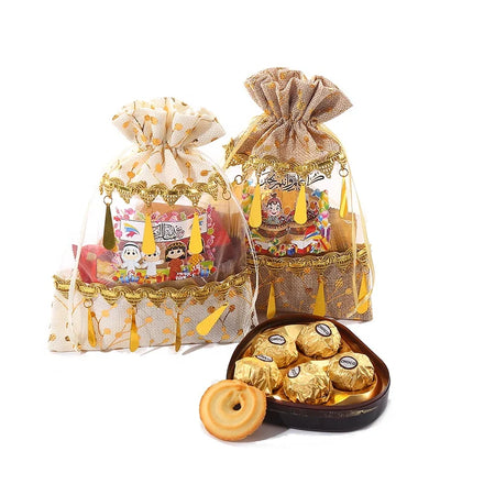 Luxury Custom Ramadan Mubarak Burlap & Organza Jute Hanging Gift Pouch with Sequins Arabic Logo Islamic Festival Favor Bag