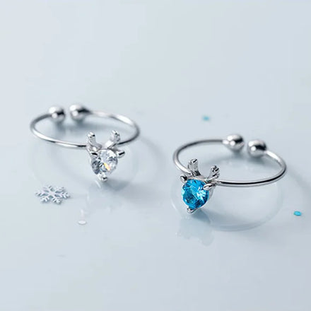 Christmas Gifts 925 Silver Elk Antler Deerhorn Blue or White Zircon Open Rings for Women Fine Jewelry Rings