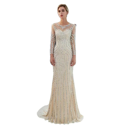 13878# Sparkle Crystal Mermaid Wedding Dress Luxury Long Sleeve Scoop Neck Bridal Gown for Women Zipper Sweep Train