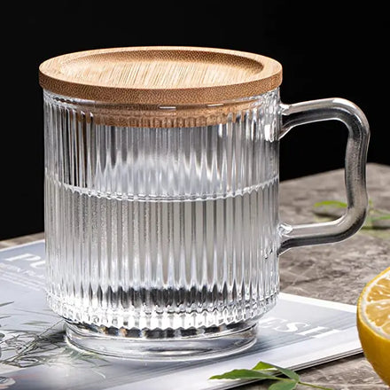 Hot Sale Modern Milk Cup Stripe Design Lead-free Glass Easy to Clean Colorful Coffee Cup with Handle and Bamboo Lid Camping Use