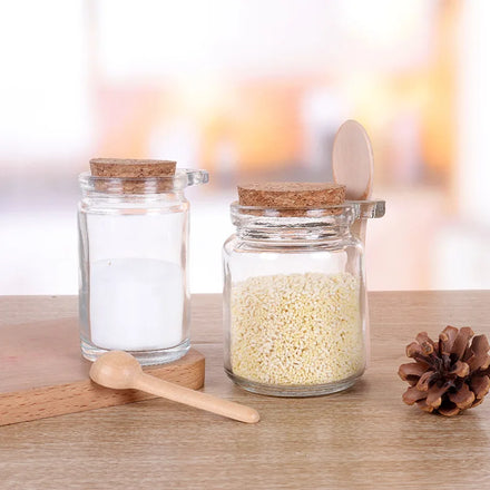 Wholesale Clear 100ml 250ml Kitchen Storage Containers Bathroom Bath Salt Glass Jar with Wooden Spoon and Cork Lid