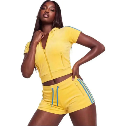 KY Women Yellow Velour Tracksuit Set Cropped Zip Hoodie and Stripe Shorts Blue Trim Y2K Sporty Two Piece 5 Inch Running Shorts