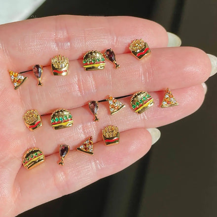 New Fashion Jewelry Ear Studs Wholesale Cute Fruit Burger Series 18K Gold Plated Color Zirconium Stud Earrings for Women