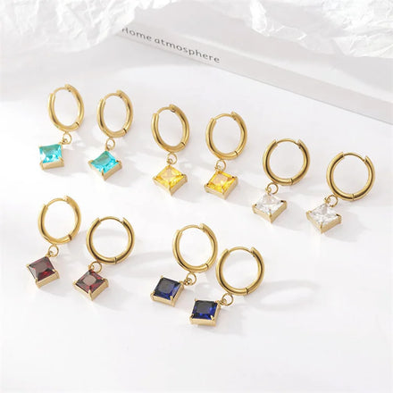 Vintage Luxury Jewelry Gold Plated square Gemstone Pendant Earrings