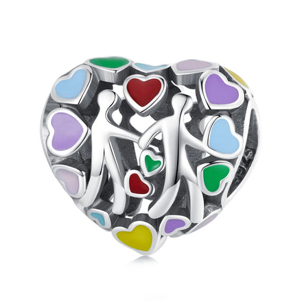 925 Sterling Silver Rainbow Heart Hand-in-Hand Charms Beads Platinum Fit Bracelet/DIY Necklace Family Jewelry Zircon SCC2399