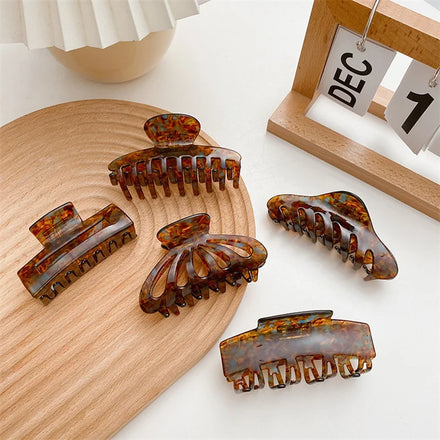 Large Classic Vintage Acrylic Brown Wood Color Hair Claw Cellulose Big Retro Rectangle Hollow Hair Barrettes for Thick Hair