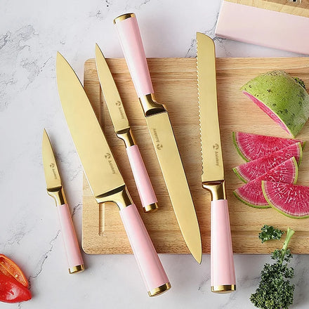 Light Pink Handles Sharp Stainless Steel With Golden Blade Color 5 Piece Kitchen Knife Set