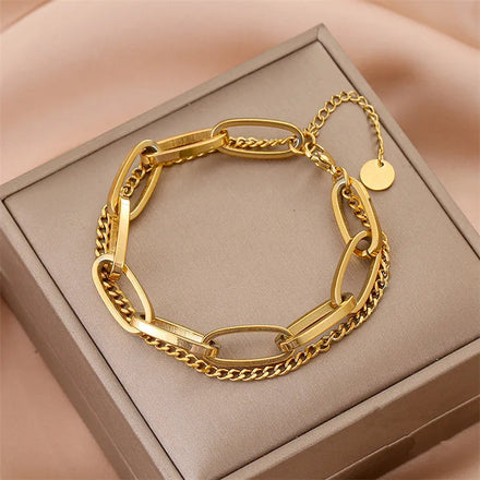 Wholesale Stainless Steel New Retro Fashion Gold Long Ellipse Chain Pendant Double Layer Thick Bracelet