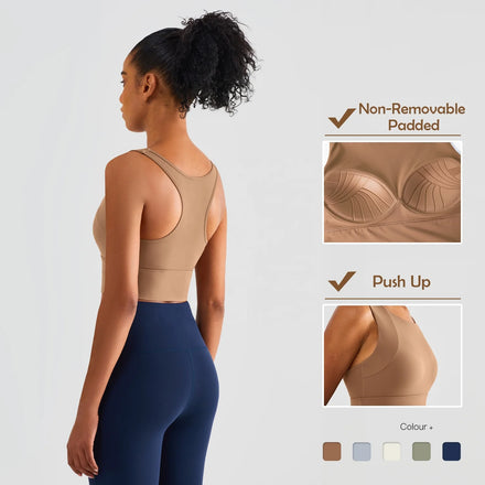 Custom Women Gym Fitness Sexy Yoga Breathable Four-Way Stretch Non Removable Padded Push up Workout Sports Bra