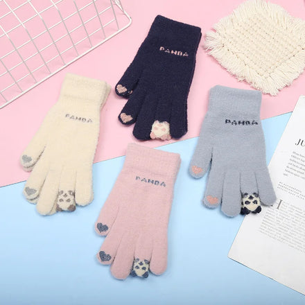 MIO Cute Panda Heart Pattern Touch Screen Gloves Womens Stretch Knitted Winter Elastic Cuff Gloves Thermal Soft Knit Lining