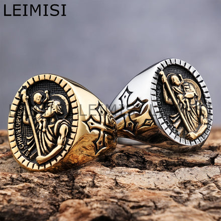 Retro Saint Christopher Rings Stainless Steel Vintage Cross Religious Catholic Round Medal Jesus Cross Signet Ring