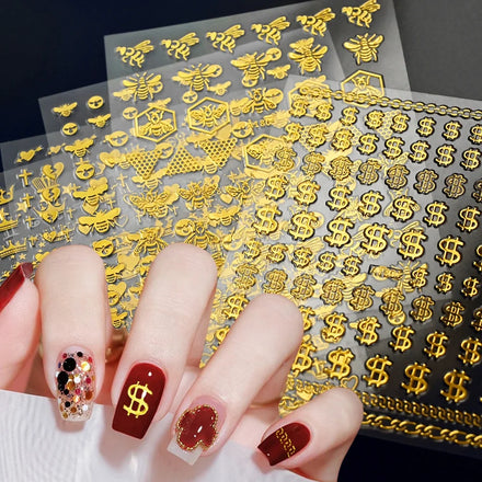 3D Luxury Money Dollar Bee Nail Stickers Self Adhesive Gold Crown Bronzing Decal 8*10cm Manicure Slider Nail Art Decoration