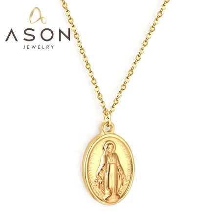 Ason Jewelry New Arrival Stainless Steel Lady Pattern Necklace 18K Gold Plated Religion Oval Pendant Necklace for Ladies