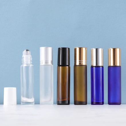 10ml Amber Clear Blue Frosted Perfume Essential Oil Glass Roller Bottle for Custom Logo Printing Box Branding