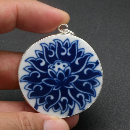 Random Unique Silver Plated Edges Ancient Blue and White Porcelain Vase Fragment Pendant for Women Nation Jewelry
