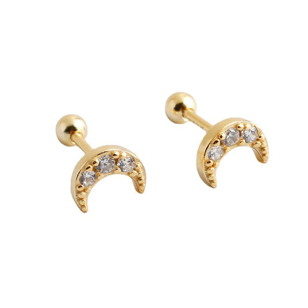 925 Sterling Silver Minimalist Cute Moon Shape Crystal Earrings Gold Plated Piercing Screwbacks Stud Earring 2023