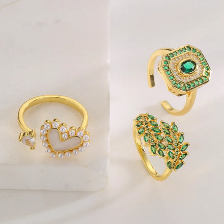 Ins Flower Multicolor CZ Rings Square Zircon Pearl Heart Open Ring for Wedding