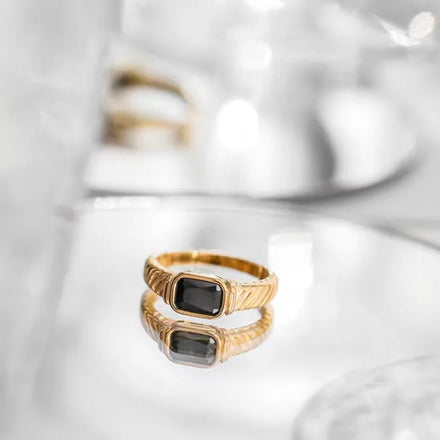18K Gold Plated Stainless Steel Jewelry Set Black Zircon Signet Square Zircon Ring for Woman