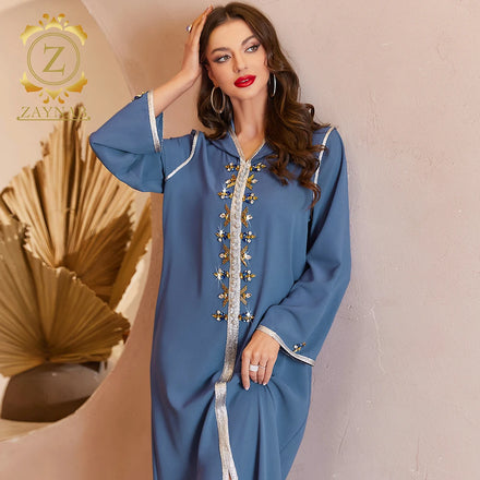 Zaynab New Abaya Women Muslim Dress Fabric Thrift Used Abaya Cleaning Famme Hand Sewn and Drilled Hooded Dress Abaya Dress