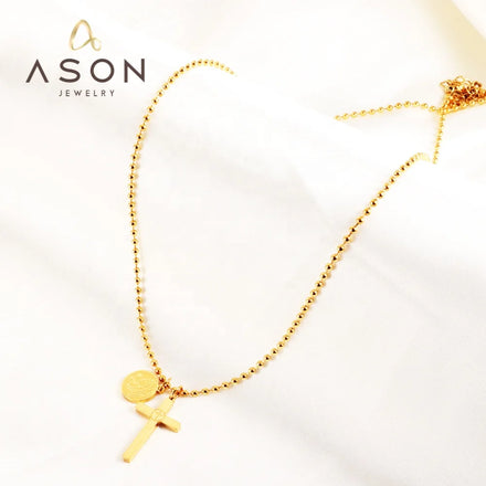 Ason New Arrival Round Religious Bead Chain Stainless Steel Cross Jewelry Necklace for Ladies and Girls