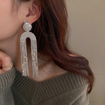 Gold/Silver Rhinestone Crystal Long Tassel Dangle Earrings Fringe Chain Chandelier Drop Earrings for Women Wedding Gifts