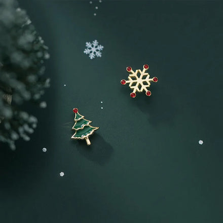 925 Sterling Silver Snow Flower Christmas Tree Zircon Oil Drip Gold Plated Stud Earrings for Women Fashion Jewelry Earrings
