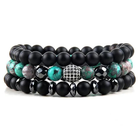 Men 3pc 8mm Handmade Natural Stone Hematite Bracelets Elastic Stack Bracelet Set