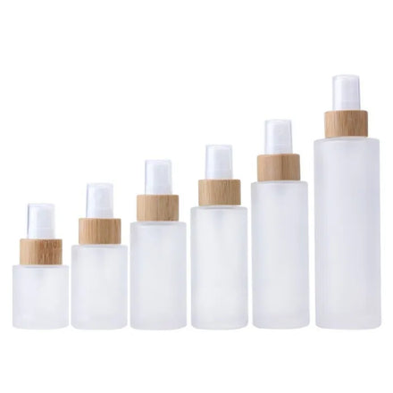 Luxury clear Frosted Glass Bottle with Bamboo Lid 20ml Flat Shoulder Glass Spray Bottle for Toner Cosmetic Packing