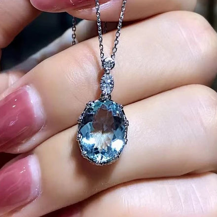 CAOSHI Big Oval Crystal Necklace Pendant Ins Design Unique Sea Blue Cubic Zirconia Silver Plated Jewelry Wholesale Necklace