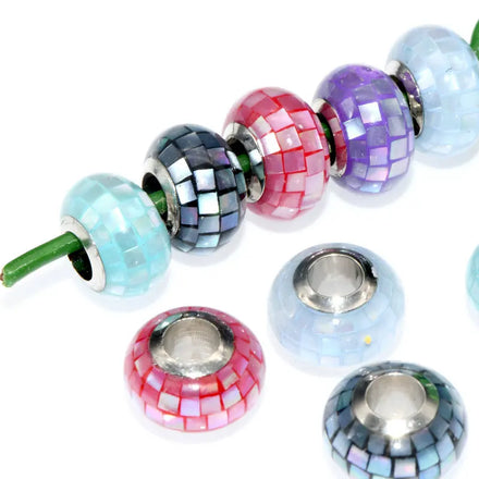 New Design 7x12mm Colorful Shell Paved 4.5mm Big Hole Brass Metal Roundel Shape Spacer Beads for DIY Accessory