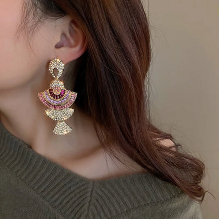 New Design Fashion Colorful Zircon Earrings Statement Rhinestone Earrings Silver Color Needle Fan Dangle Earrings for Girls Women