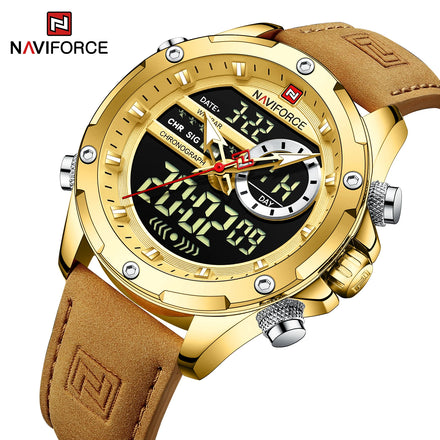 NAVIFORCE Men Watch Digital Sport Top Brand Man WristWatch Gold Genuine Leather Quartz Business Male Clock 9208
