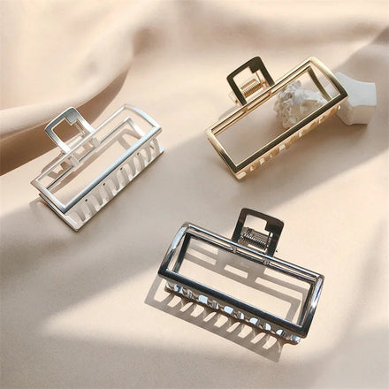 Korean Rectangle Simple Mature Temperament Retro Hollow Ponytail Large Vintage Gold Metal Hair Claws Clips