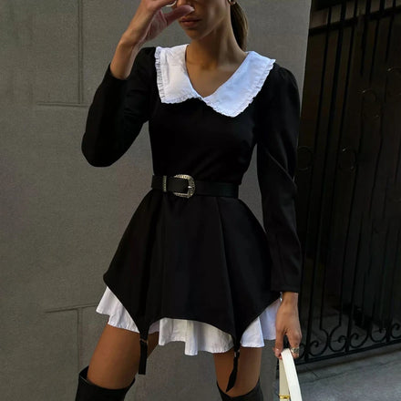 Patchwork Peter Pan Collar Ladies Clothes Casual Long Sleeve Dresses Women Black Short Dress