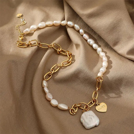 Chunky Statement Pearlfresh Water Pearls Stainless Steel Jewelry Necklace Flat Baroque Pearl Pendent Necklace for Women
