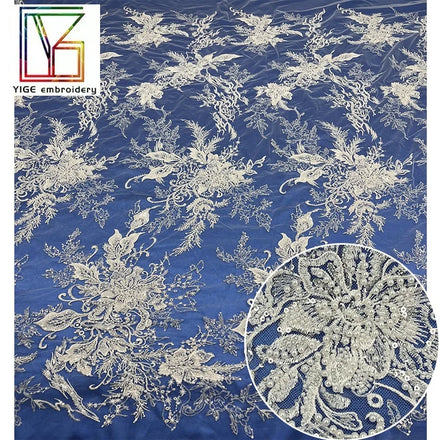 New Design Women Embroidery With Beaded Tulle Lace Fabric Heavy White Pearls Sequins Mesh Bridal Lace Fabric for Wedding Dress