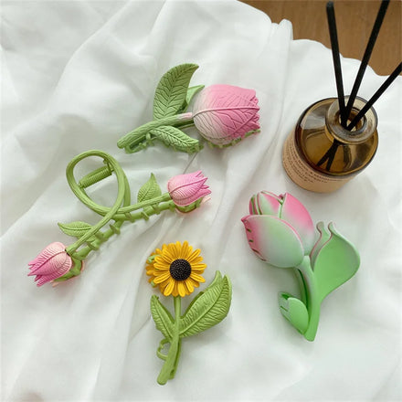 2022 New Claw Clip for Women Fashion Pink 3D Tulip Flower Hair Claws for Ladies Shark Clip Hair Accessories