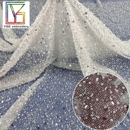 High Density Pure White French Bridal Beaded Net Fabrics With Pearl Sequins Glitter Tulle Embroidery Dresses Bridal Lace Fabric
