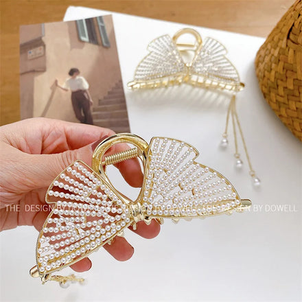 HONEY FLOWER Butterfly Pearls Rhinestones Tassels Alloy Gold Hair Claw