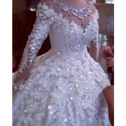 Bridal Gown New Arabic Dubai Crystal Wedding Dresses Full Sleeves Beaded Puffy 3D Flower Lace Wedding Gowns Robe De Marigee