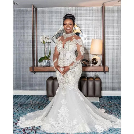 Luxury Crystals Mermaid Wedding Dresses Long Sleeves Illusion Lace Applique Sequins High Neck Custom Made Plus Size Wedding Gown