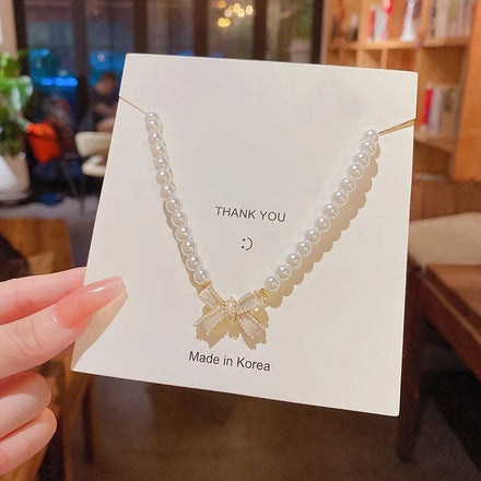 INS Pearl Bead Bow Knot Necklace Collares Para Mujer 18K Gold Plated Choker Pearl Necklace Handmade
