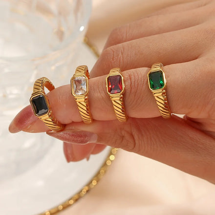 Drop Ship Engraved Texture Colorful Square Zircon Ring 18K Gold Plated Stainless Steel Rings Women Jewelry