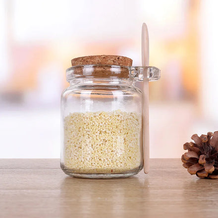 Empty 100ml 250ml Kitchen Flavor Salt Pepper Seasoning Storage Bathroom Bath Salt Glass Jar with Wooden Spoon and Cork Lid