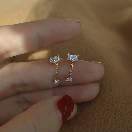 Hot Sale Pure 925 Sterling Silver Simple Fashion Shiny Square Zircon Tassel Stud Earrings for Women Girls