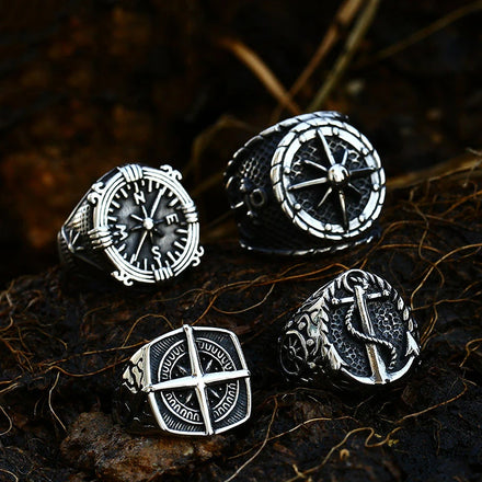 OAHLAN Wholesale Fashion Jewelry Vintage Compass Cast Ship Anchor Titanium Stainless Steel Rings for Men