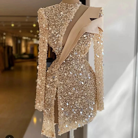 Luxury Sequined Cocktail Dresses Long Sleeves Side Slit Prom Dresses Women Party Robes De Beading Vestidos